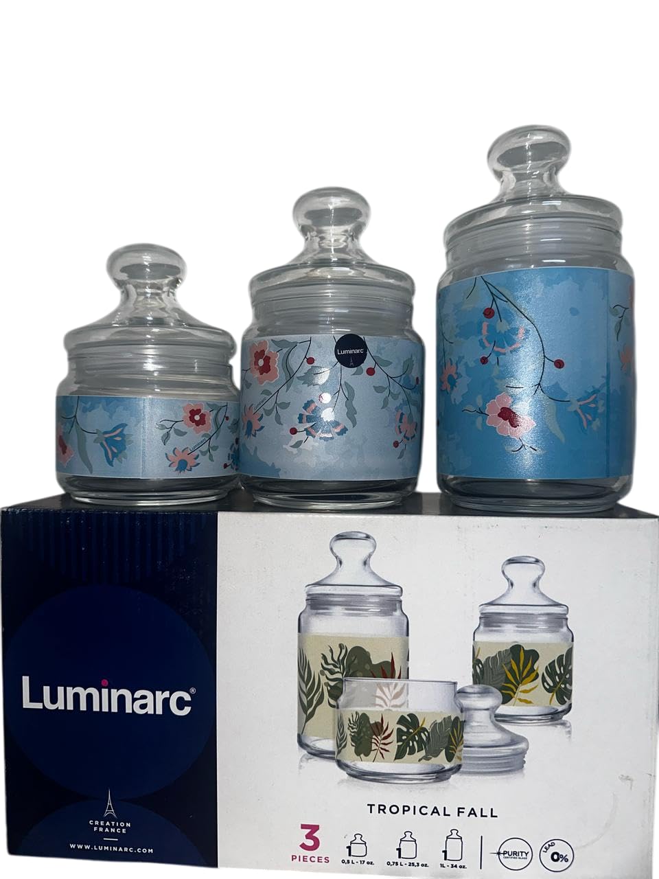 Luminarc 3 Pc Printed Pot Club Jar Glassware Set – Airtight Storage Containers for Kitchen Pantry, Spices, Snacks and Dry Ingredients (Printed)