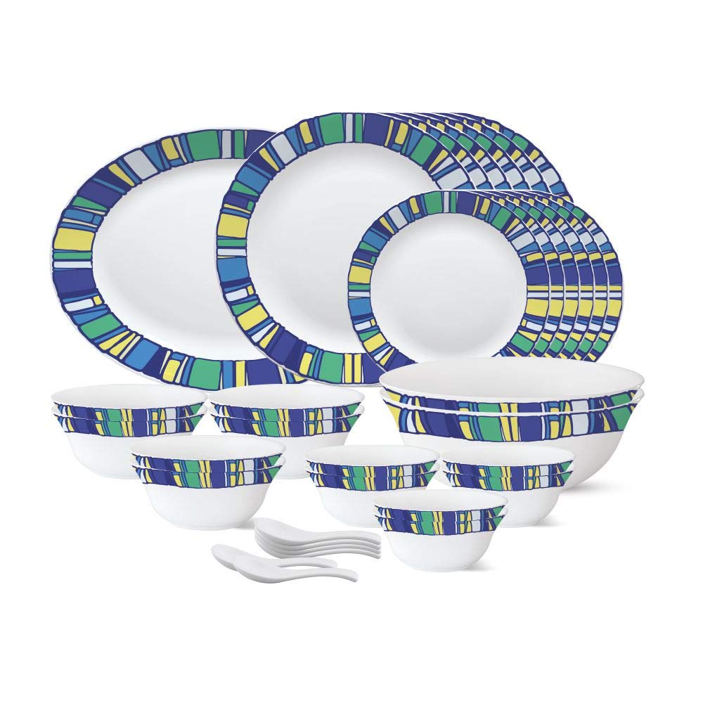 Larah by Borosil - Tiara Series, Sapphire, 33 Pcs, Opalware Dinner Set, White
