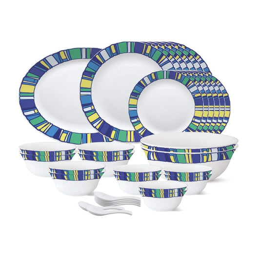 Larah by Borosil - Tiara Series, Sapphire, 33 Pcs, Opalware Dinner Set, White