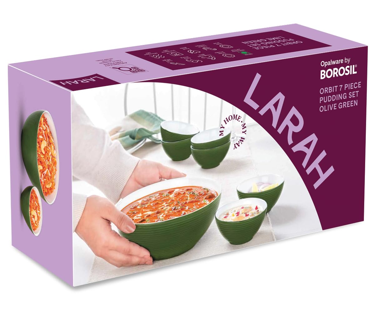 Larah by Borosil Olive Green Orbit Series Opalware 7 Pcs Pudding Set | Microwave & Dishwasher Safe | Bone-Ash Free | Crockery Set for Dining & Gifting | Bowls Set