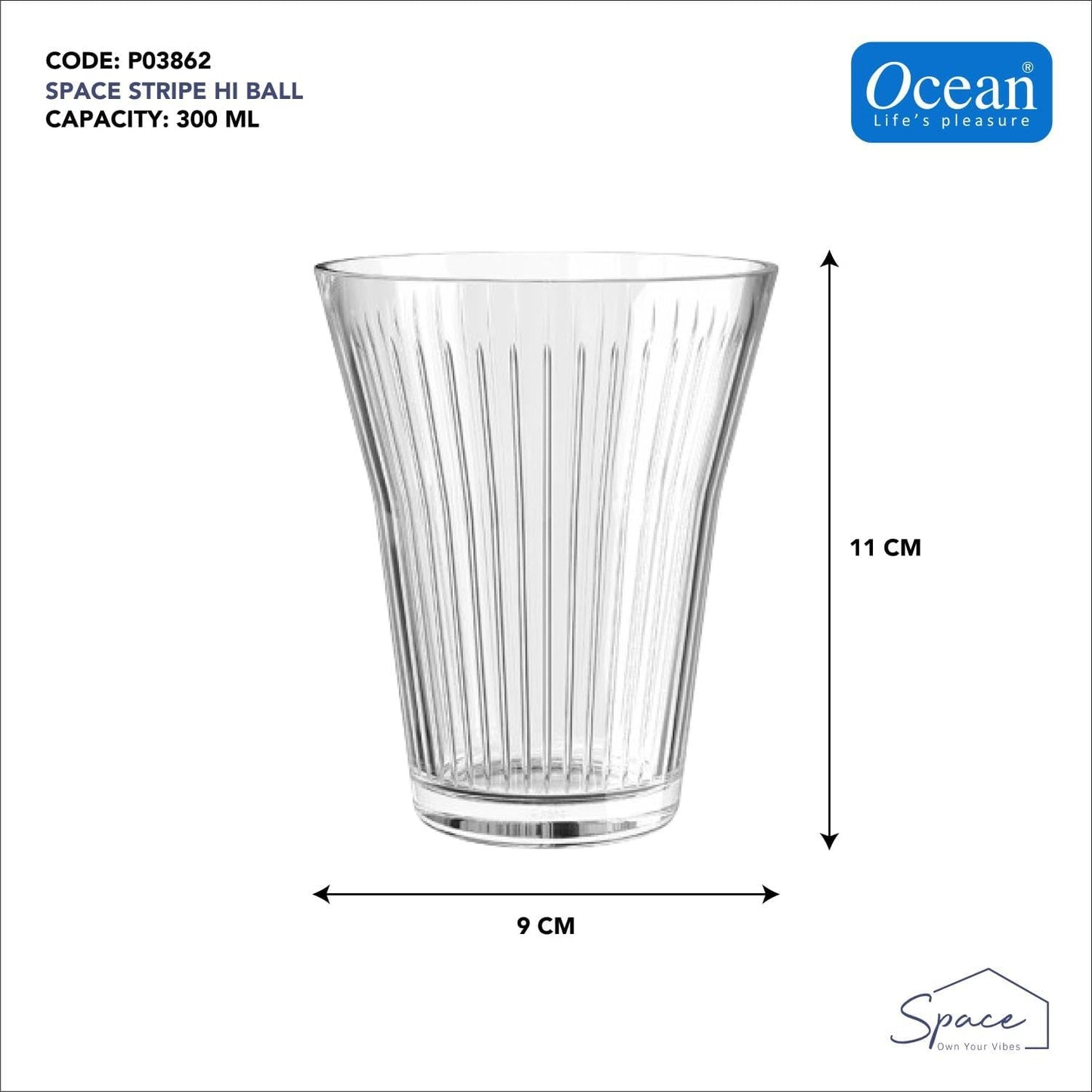 Ocean Space Stripe Hi Ball Glass Set Of 6 300Ml, P03862, Mocktail Glass, Highball Glass, Beverage Glass, Water Glass, Juice Glass