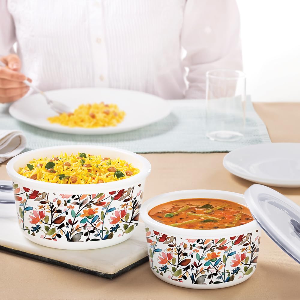 Larah by Borosil Lupin 2 pcs (800 ml) Storage Bowls with Lids, Opal Glass Containers with Lid, Airtight Container Set for Kitchen, Microwave Safe Containers, Dishwasher Safe Kitchen Containers