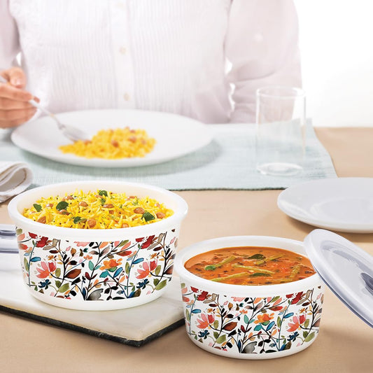 Larah by Borosil Lupin 2 pcs (800 ml) Storage Bowls with Lids, Opal Glass Containers with Lid, Airtight Container Set for Kitchen, Microwave Safe Containers, Dishwasher Safe Kitchen Containers