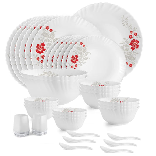 CELLO Scarlet Bliss Dazzle Series Opalware Dinner Set of 35 Pieces for Family of 6 | Bone-Ash Free & Leadfree Opal Glass, Microwave & Dishwasher Safe, Plates & Bowls Crockery Set for Dining & Gif