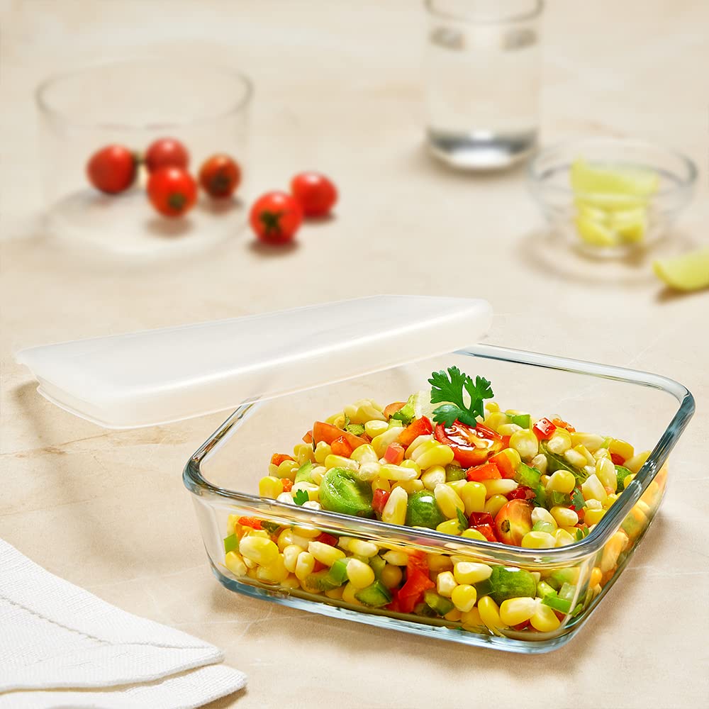 Borosil 500ml Baking & Serving Square Shape Dish with White Lid | Borosilicate Glass Bakeware and Serveware Tray | Microwave, Oven & Dishwasher Safe Bowl | Transparen