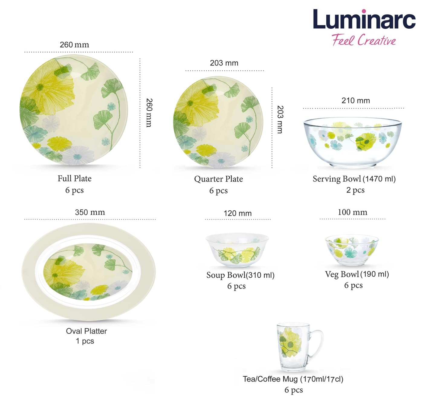 Luminarc printed Pack of 33pcs sodalime Glass Made in United Arab Emirates(UAE) French Style Design Dinner Set