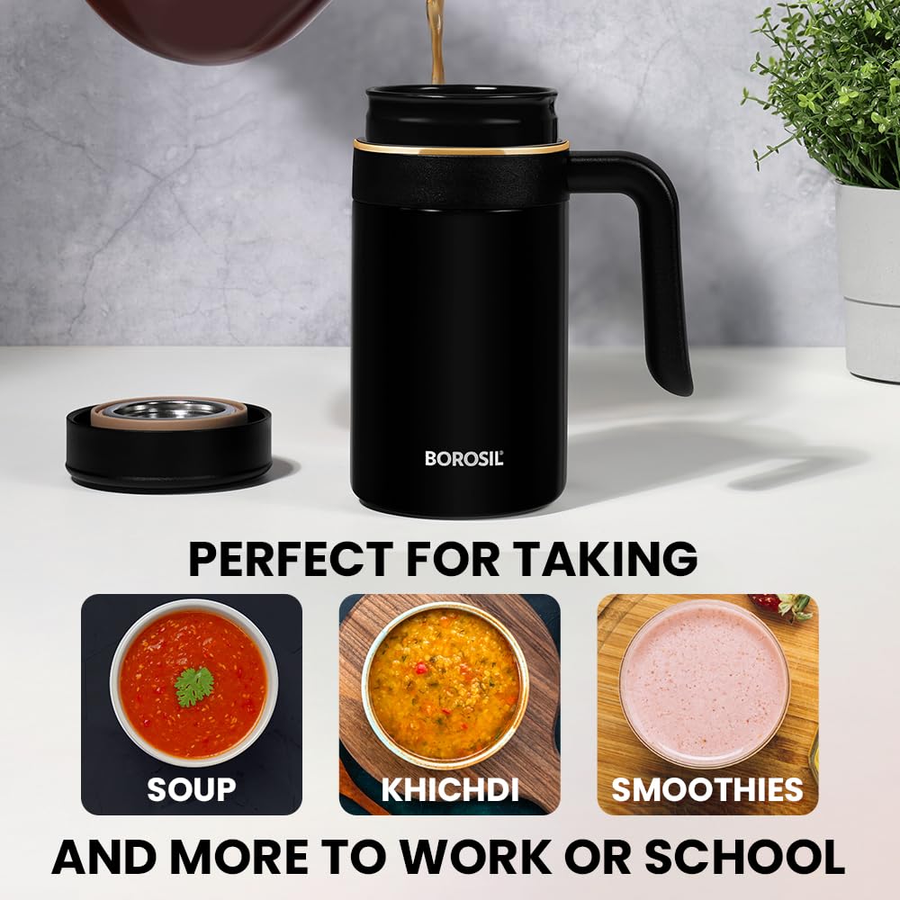 Borosil Hydra Klassic Super Insulated Mug, Vacuum Insulated Travel Coffee/Tea Mug, 8 Hrs Hot and 13 Hrs Cold, Easy to Carry, Leak Proof, 540 ml, Black, Stainless Steel