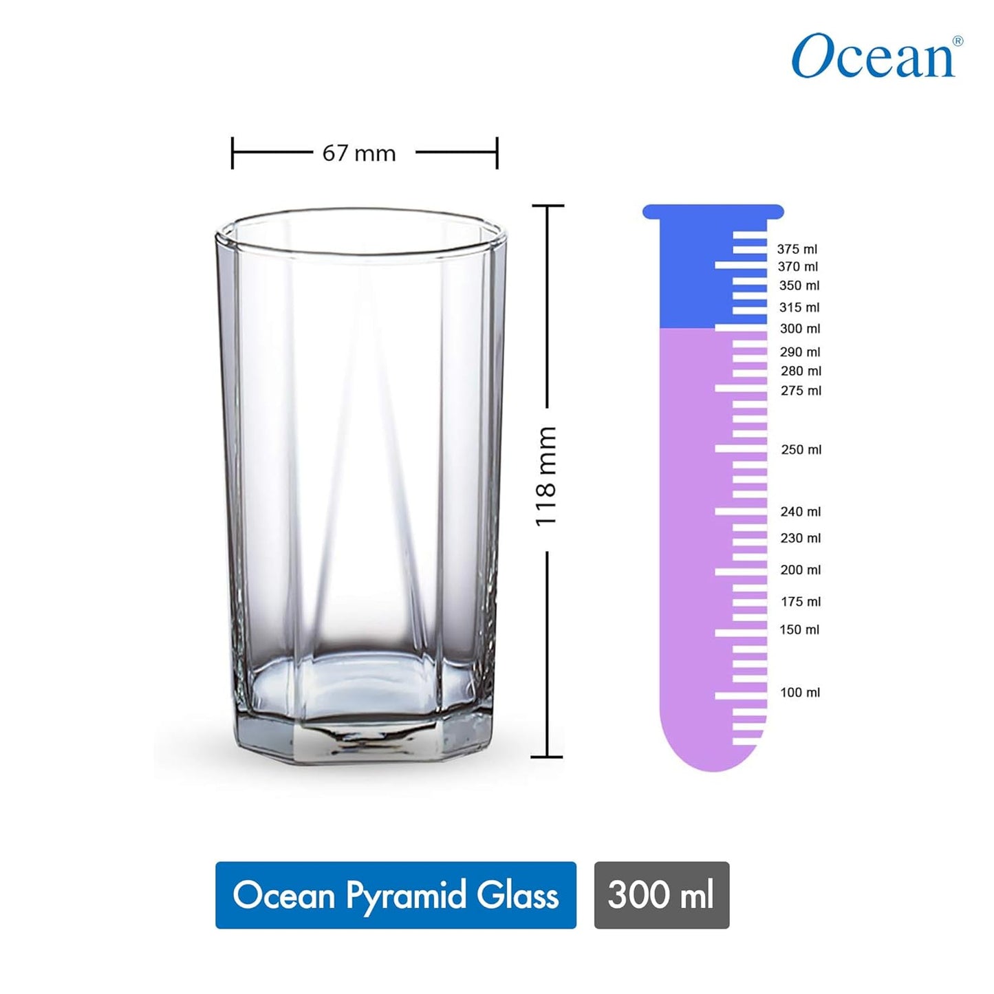 Ocean Pyramid Hi Ball Glass, Transparent,300ml, Set of 6