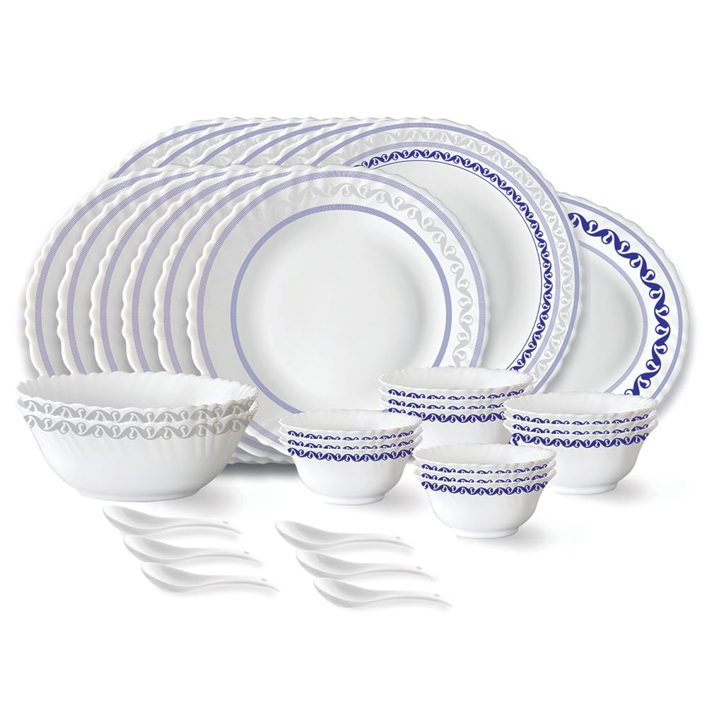 Larah by Borosil Jazzblue Fluted Series Opalware Dinner Set | 33 Pieces for Family of 6 | Microwave & Dishwasher Safe | Bone-Ash Free | Crockery Set for Dining & Gifting | Plates & Bowls | White
