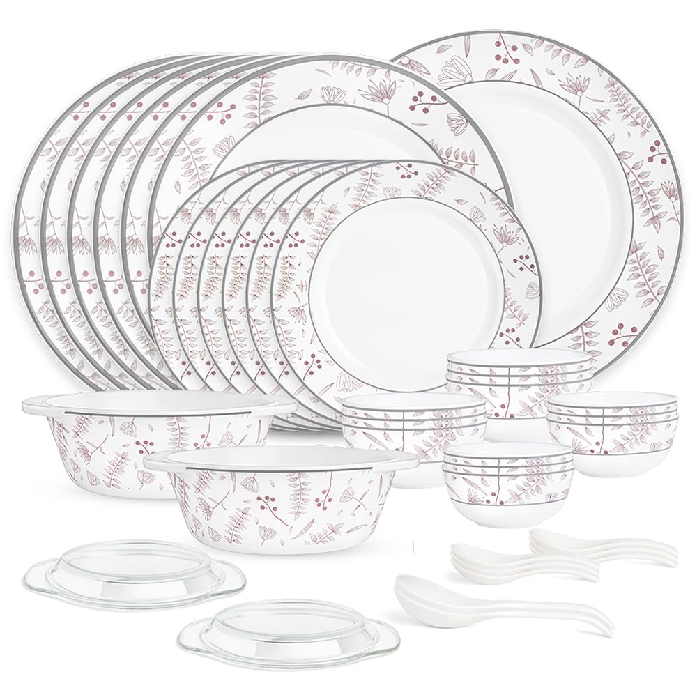 Larah by Borosil Premia Series Grandeur Opalware Dinner Set | 37 Piece for Family of 6 | Microwave & Dishwasher Safe | Bone-Ash Free | Crockery Set for Dining & Gifting | Plates & Bowls | White