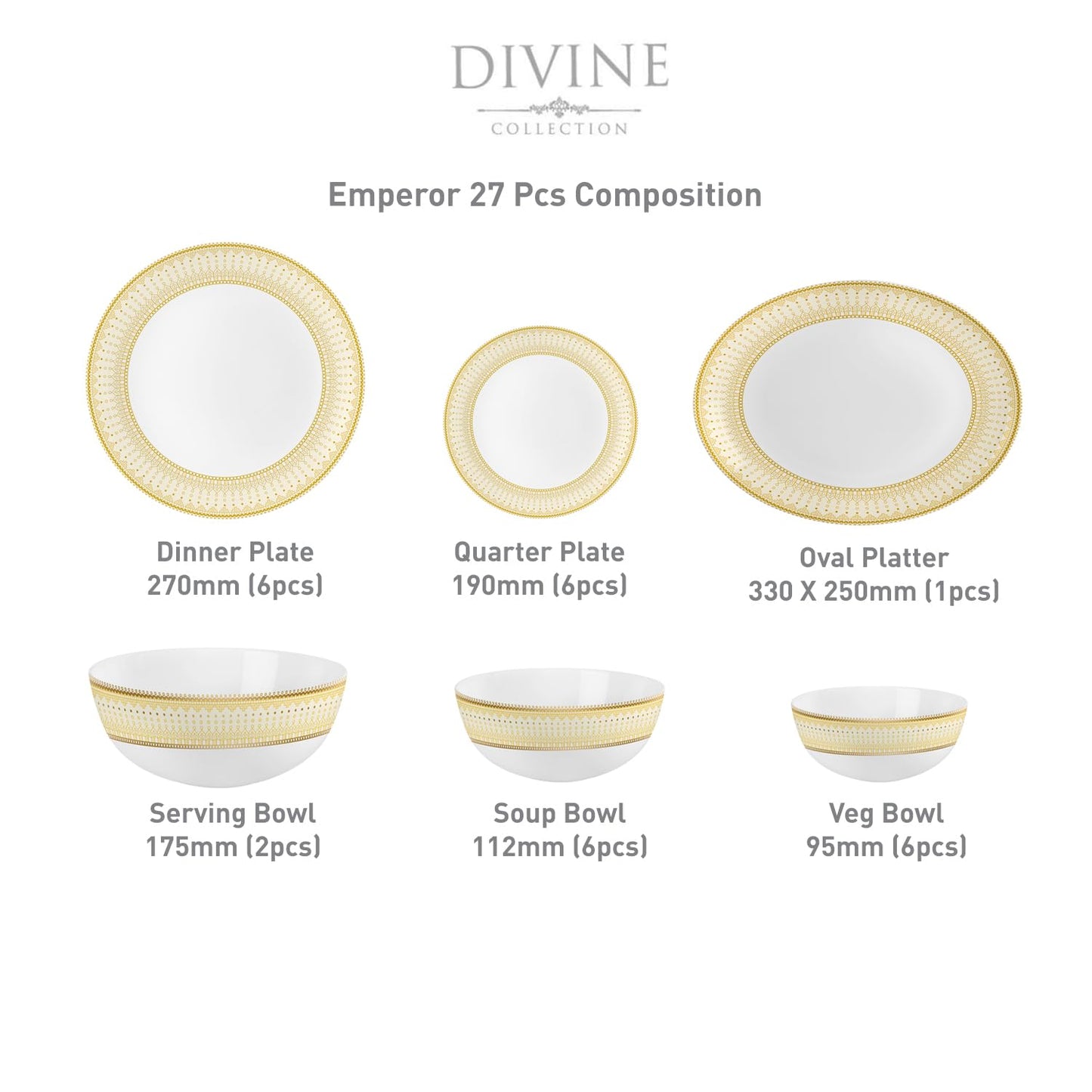 Cello Opalware Divine Series Emperor Dinner Set, 27 Units | Light-Weight, Daily Use Crockery Set for Dining | Microwave and Dishwasher Safe | White Plate and Bowl Set