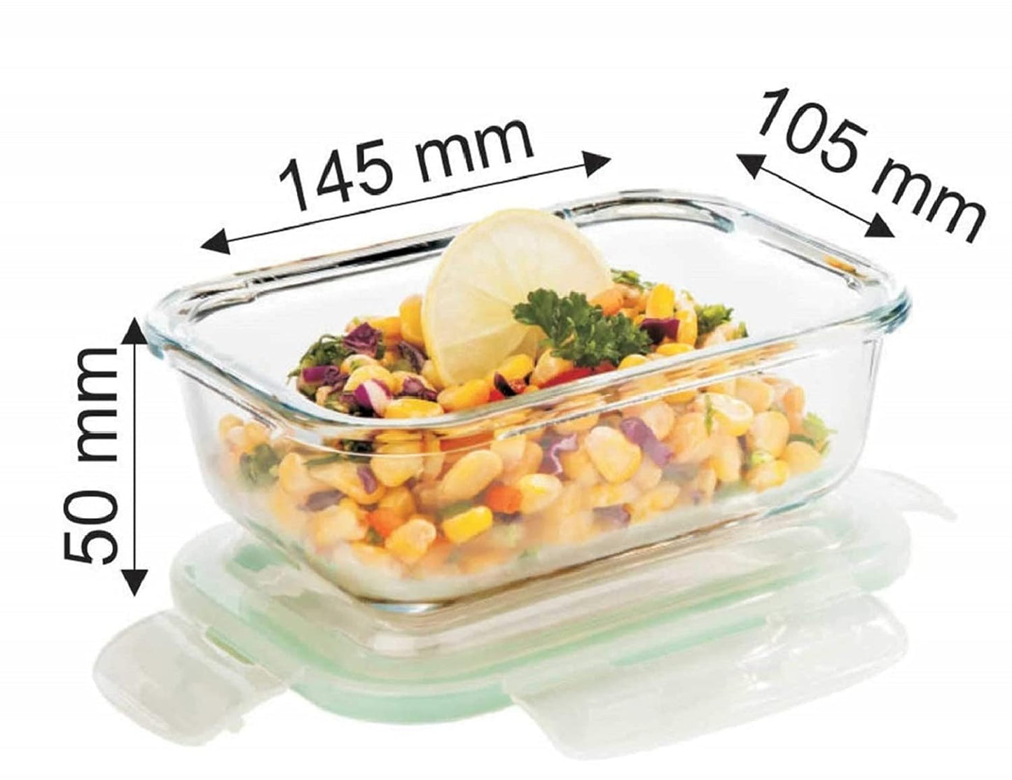 Signoraware Lock N Store Borosilicate Glass Rectangular Container with Lid | Microwave & freezer safe | Airtight & Leakproof | Ideal for Kitchen Use, Lunch box & Reheating Leftovers (Clear| 370ml)
