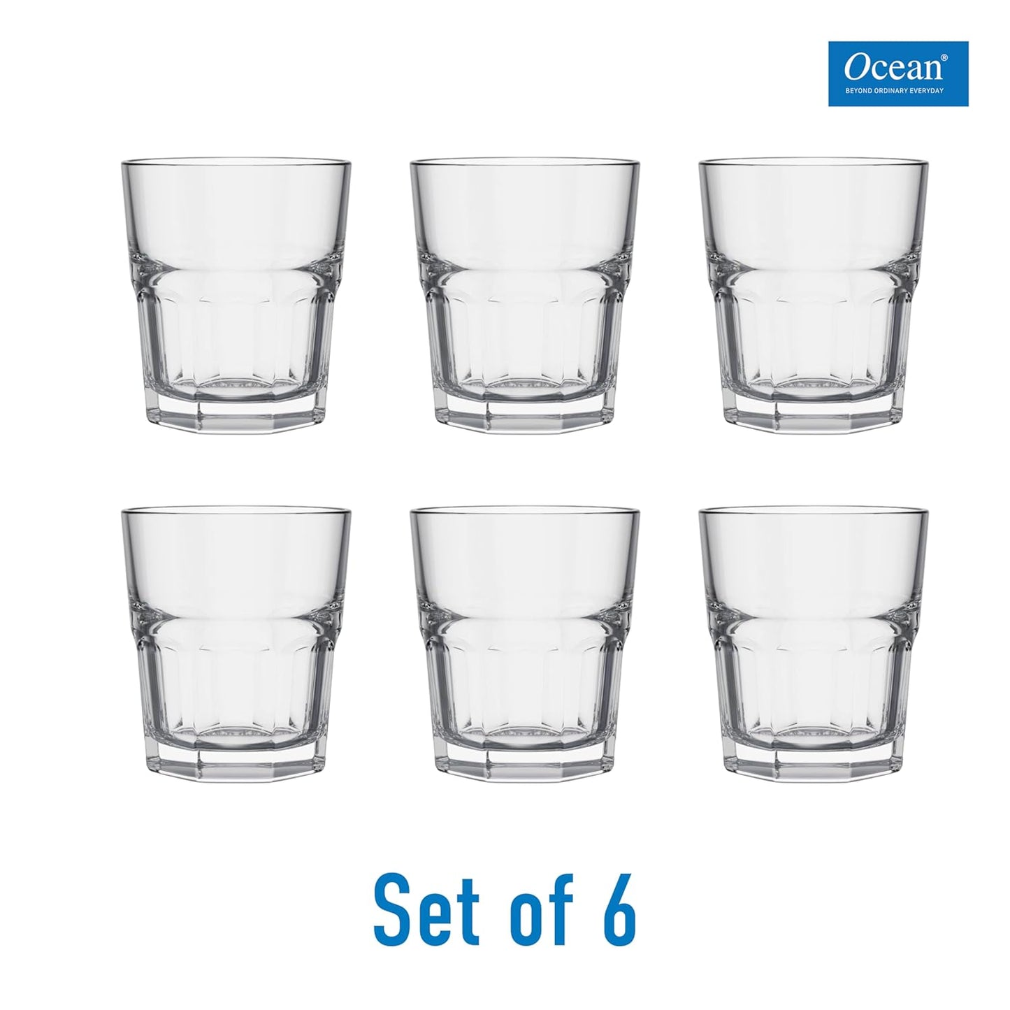 Ocean Centra Rock Glass Set (300 ml, 6 pcs) Clear | Stylish & Durable Glassware to Serve Water, Juice, Soft Drink & Iced Beverages | Used for Home Party, Offices & Restaurants | Dishwashar Safe