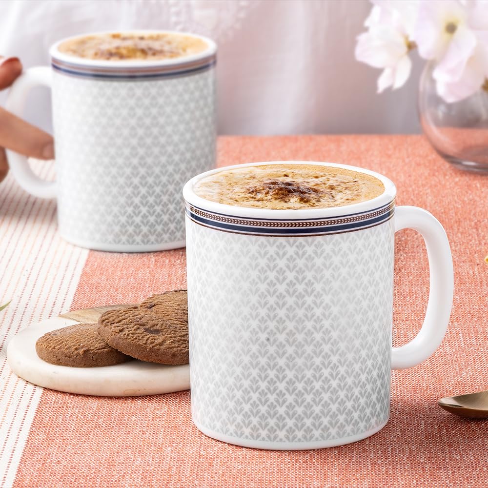 Larah by BOROSIL Premia Series Starlight 2 pc Set of Opalware Tea/Coffee Mug Set (320 ml Each) | Embossed Design, Microwave & Dishwasher Safe | Crockery Set Ideal for Daily Use & Gifting, White