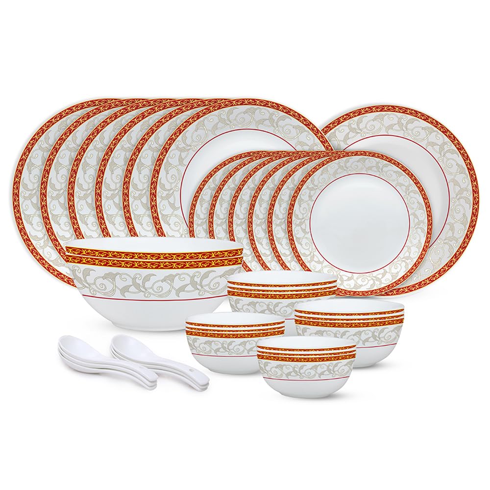 Larah by Borosil Ragina Kohinoor Series Opalware Dinner Set | 33 Pcs for Family of 6 | Microwave & Dishwasher Safe | Bone-Ash Free | Crockery Set for Dining & Gifting | Plates & Bowls | White