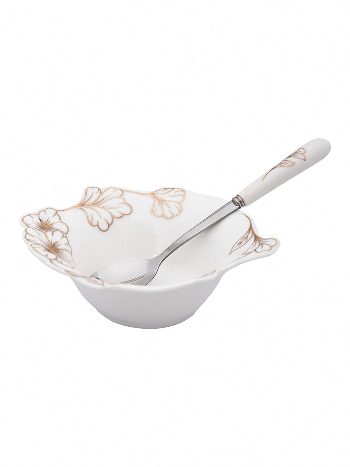 WHITE GOLD Porcelain Floral Dessert Bowls n Spoons with Real Gold Design (White) - Set of 12 Pieces
