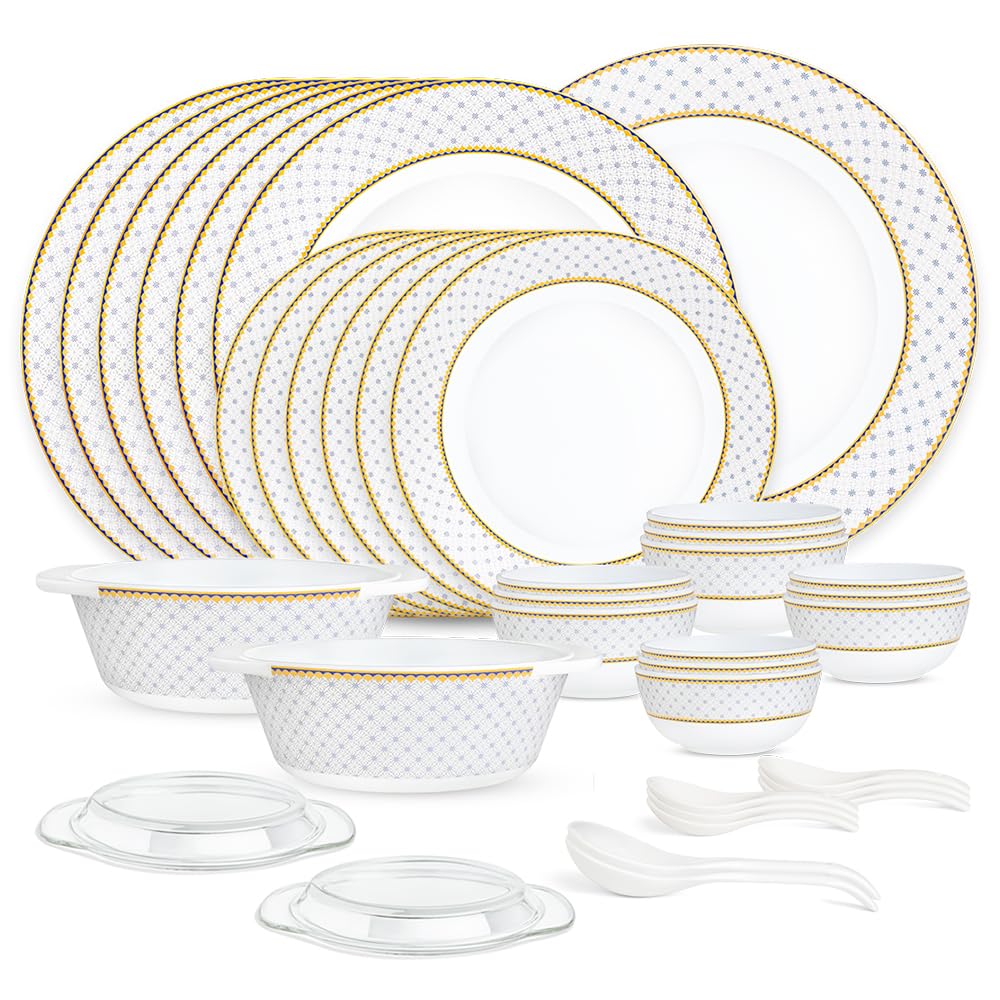 Larah by Borosil Premia Series Kosmia Opalware Dinner Set | 37 Piece for Family of 6 | Microwave & Dishwasher Safe | Bone-Ash Free | Crockery Set for Dining & Gifting | Plates & Bowls | White