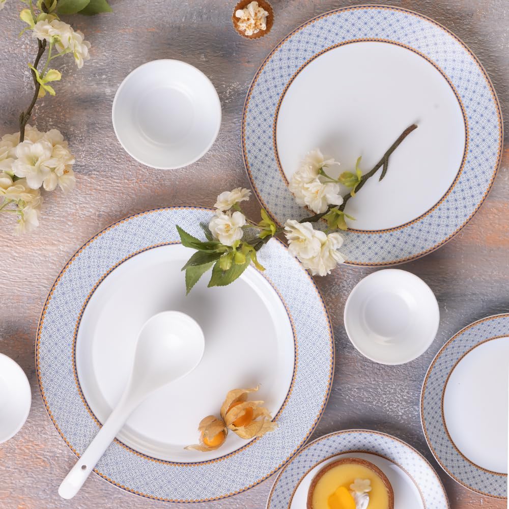 Larah by Borosil Premia Series Kosmia Opalware Dinner Set | 37 Piece for Family of 6 | Microwave & Dishwasher Safe | Bone-Ash Free | Crockery Set for Dining & Gifting | Plates & Bowls | White