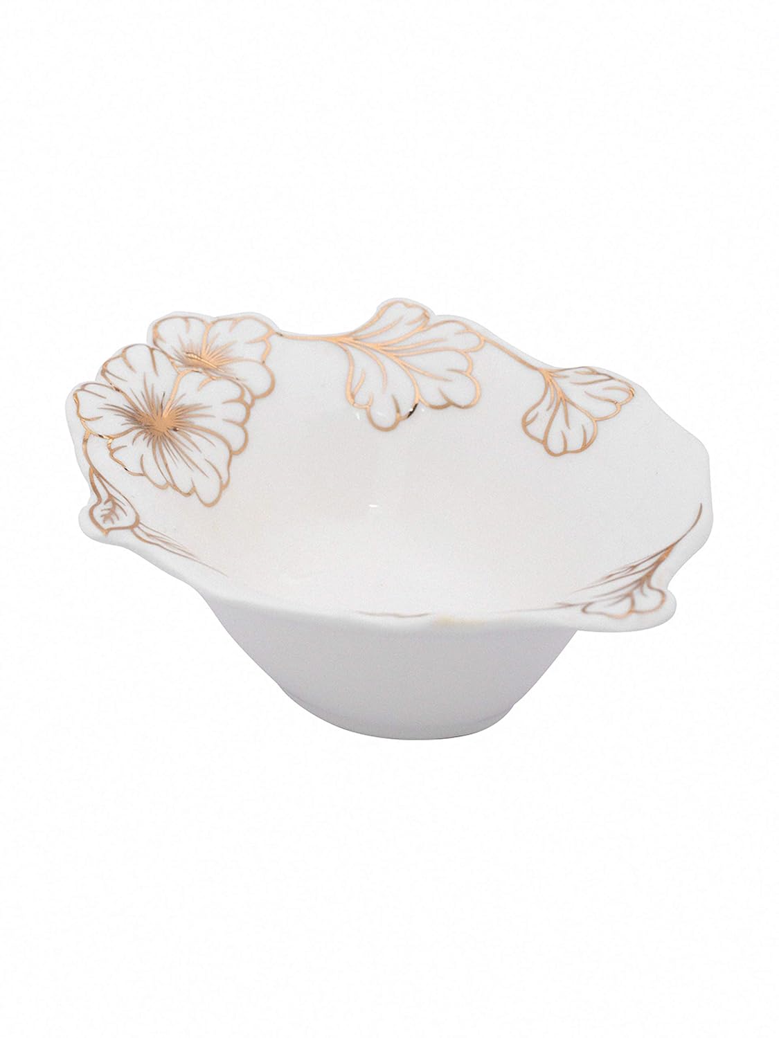 WHITE GOLD Porcelain Floral Dessert Bowls n Spoons with Real Gold Design (White) - Set of 12 Pieces
