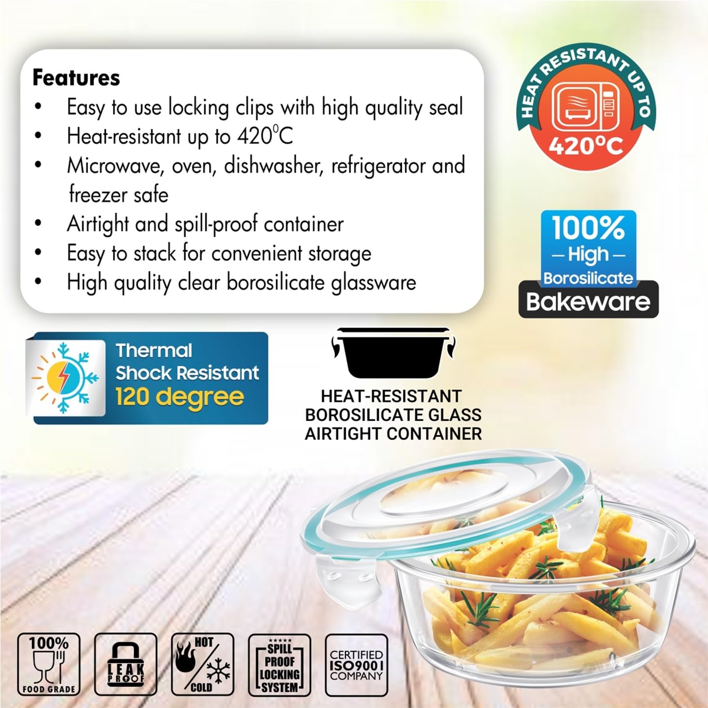 SignoraWare Lock N Store Borosilicate Glass Round Container | Microwave & Dishwasher Safe | Heat Resistant | Air tight & Spill Proof | Storing leftover | Best for Baking & Serving (620 ml | Clear)