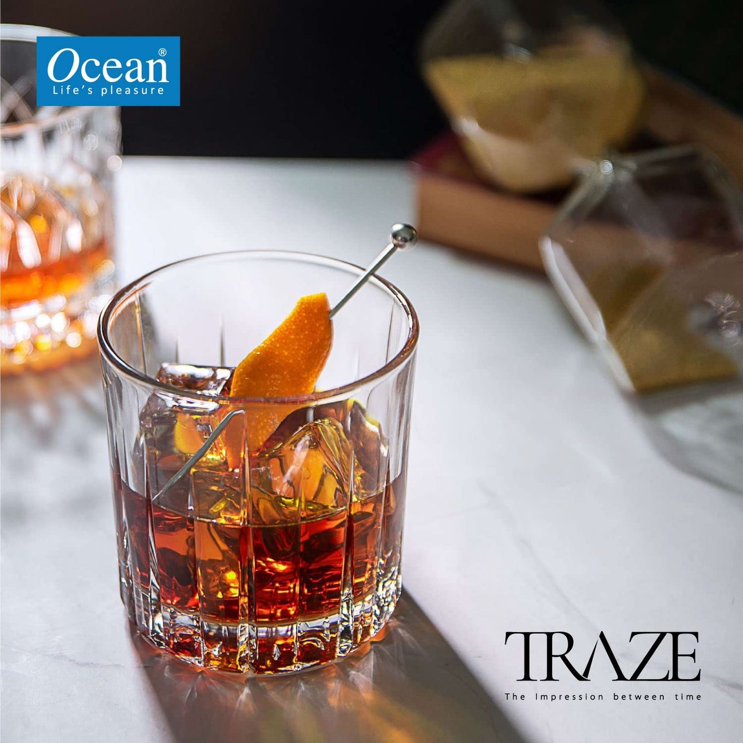 Ocean Traze Pre Double Rock Whiskey Glass Set of 6 Pcs, 350 ml Transparent, Glass for Drinking Bourbon, Whisky, Scotch, Cocktails, Cognac, Glasses for Gift, Easy to Clean & Maintain & Dishwasher Safe