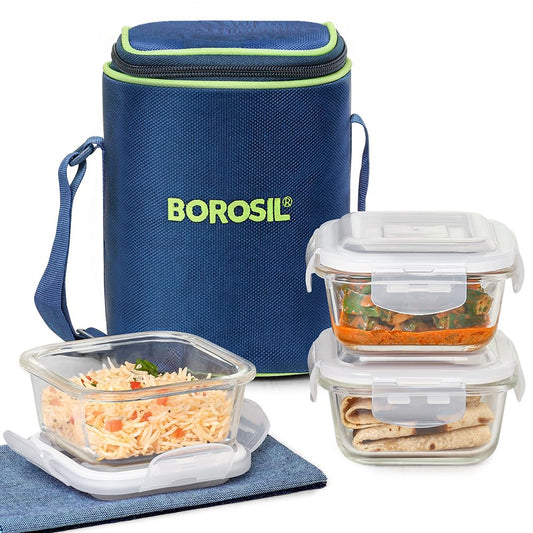 Borosil Klip n Store 320ml x 3 Square Container Lunchbox | Made in India Borosilicate Glass | Microwave & Dishwasher Safe | Tiffin for Office/School/College