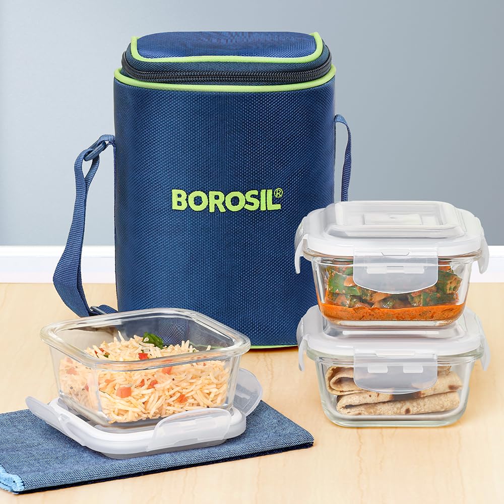 Borosil Klip n Store 320ml x 3 Square Container Lunchbox | Made in India Borosilicate Glass | Microwave & Dishwasher Safe | Tiffin for Office/School/College