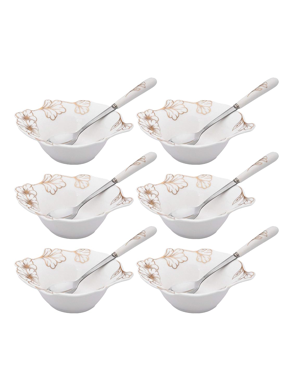 WHITE GOLD Porcelain Floral Dessert Bowls n Spoons with Real Gold Design (White) - Set of 12 Pieces
