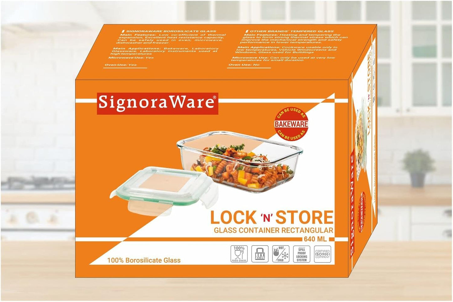 SignoraWare Lock 'N' Store Borosilicate Glass Rectangle Container | Microwave Safe | Convenient Storage | Elegant design | Air Tight Lid | Useful for Tiffin and lunch Box (1.4 Ltr | Clear)