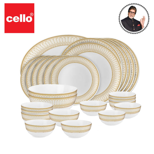 Cello Opalware Divine Series Emperor Dinner Set, 27 Units | Light-Weight, Daily Use Crockery Set for Dining | Microwave and Dishwasher Safe | White Plate and Bowl Set