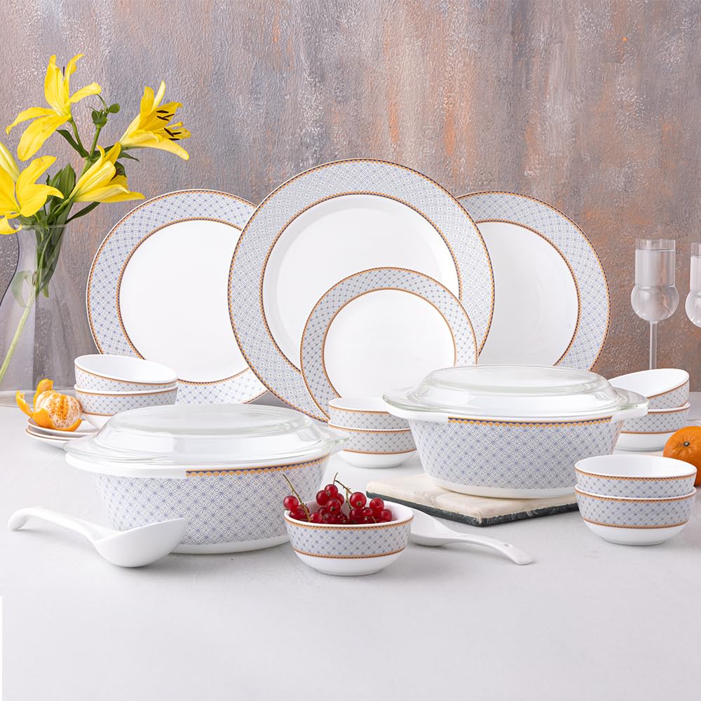 Larah by Borosil Premia Series Kosmia Opalware Dinner Set | 37 Piece for Family of 6 | Microwave & Dishwasher Safe | Bone-Ash Free | Crockery Set for Dining & Gifting | Plates & Bowls | White