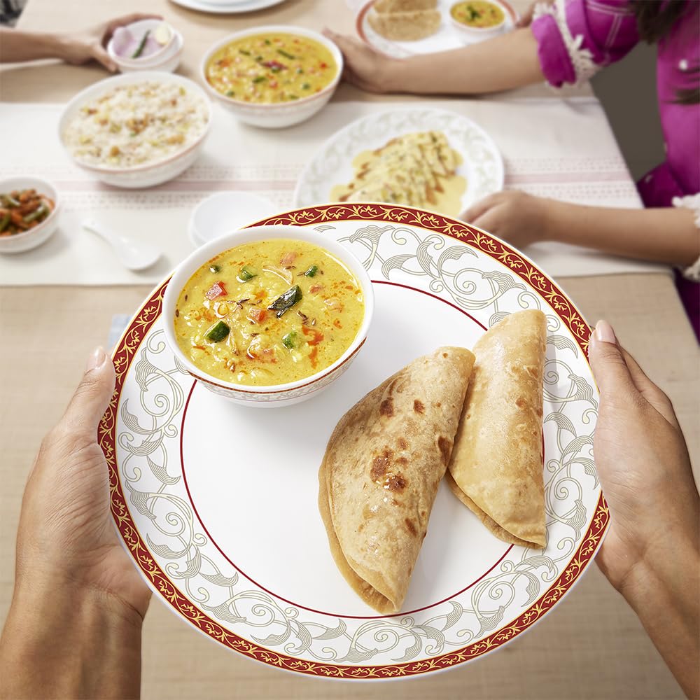 Larah by Borosil Ragina Kohinoor Series Opalware Dinner Set | 33 Pcs for Family of 6 | Microwave & Dishwasher Safe | Bone-Ash Free | Crockery Set for Dining & Gifting | Plates & Bowls | White