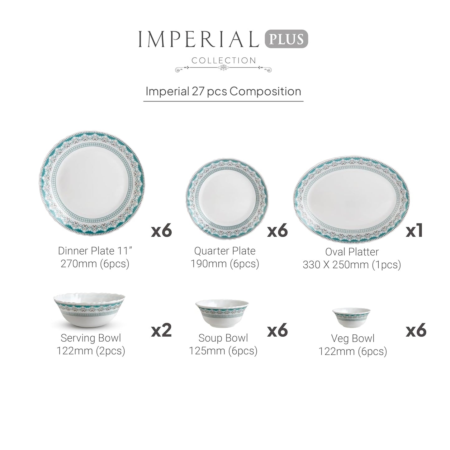 Cello Opalware Imperial Plus Celeste Dinner Set, 27 Units | Microwave & Dishwasher Safe | Light-Weight & Thermal Resistant | Crockery Set for Dining & Gifting