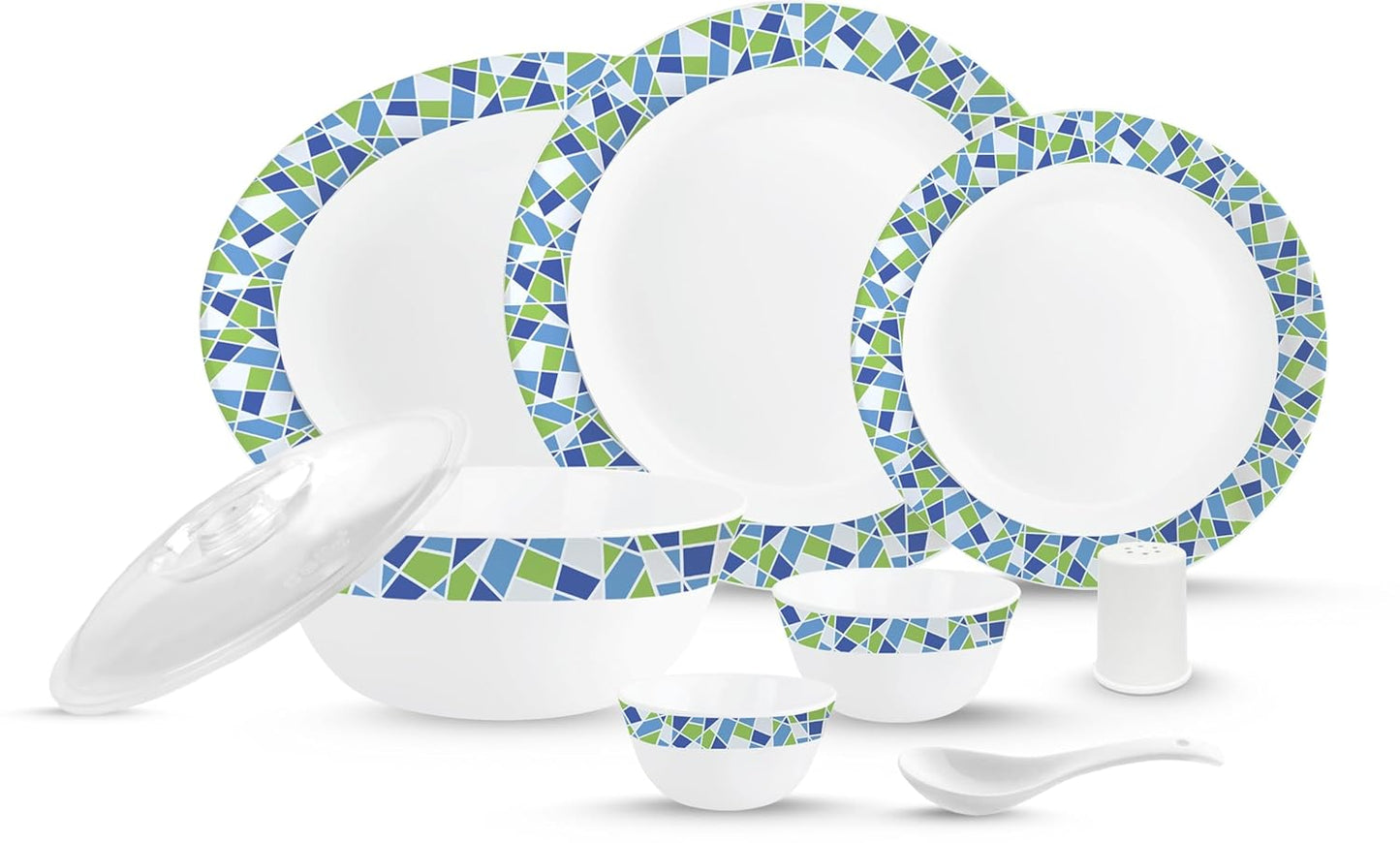 Cello Opalware Zarah Series Collage Dinner Set, 37 Units | Opal Glass Dinner Set for 6 | Crockery Set for Festive Ocassions | Light-Weight, Daily Use Crockery Set for Dining | White, Green, Blue