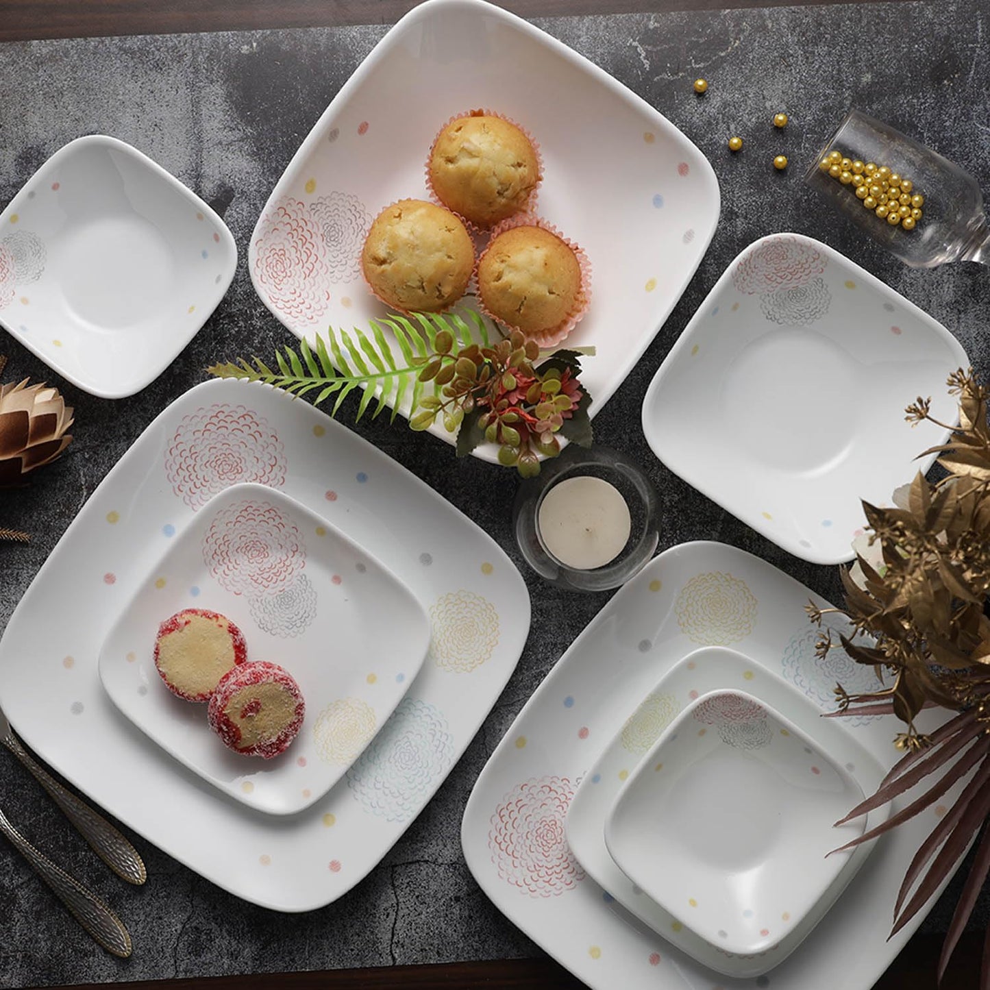 CORELLE 21 pc Square Round Dinner Set - POM POM White, Lightweight & Durable, Made of Vitrelle Glass, Microwave & Dishwasher Safe, Elegant Crockery for Dining & Gifting