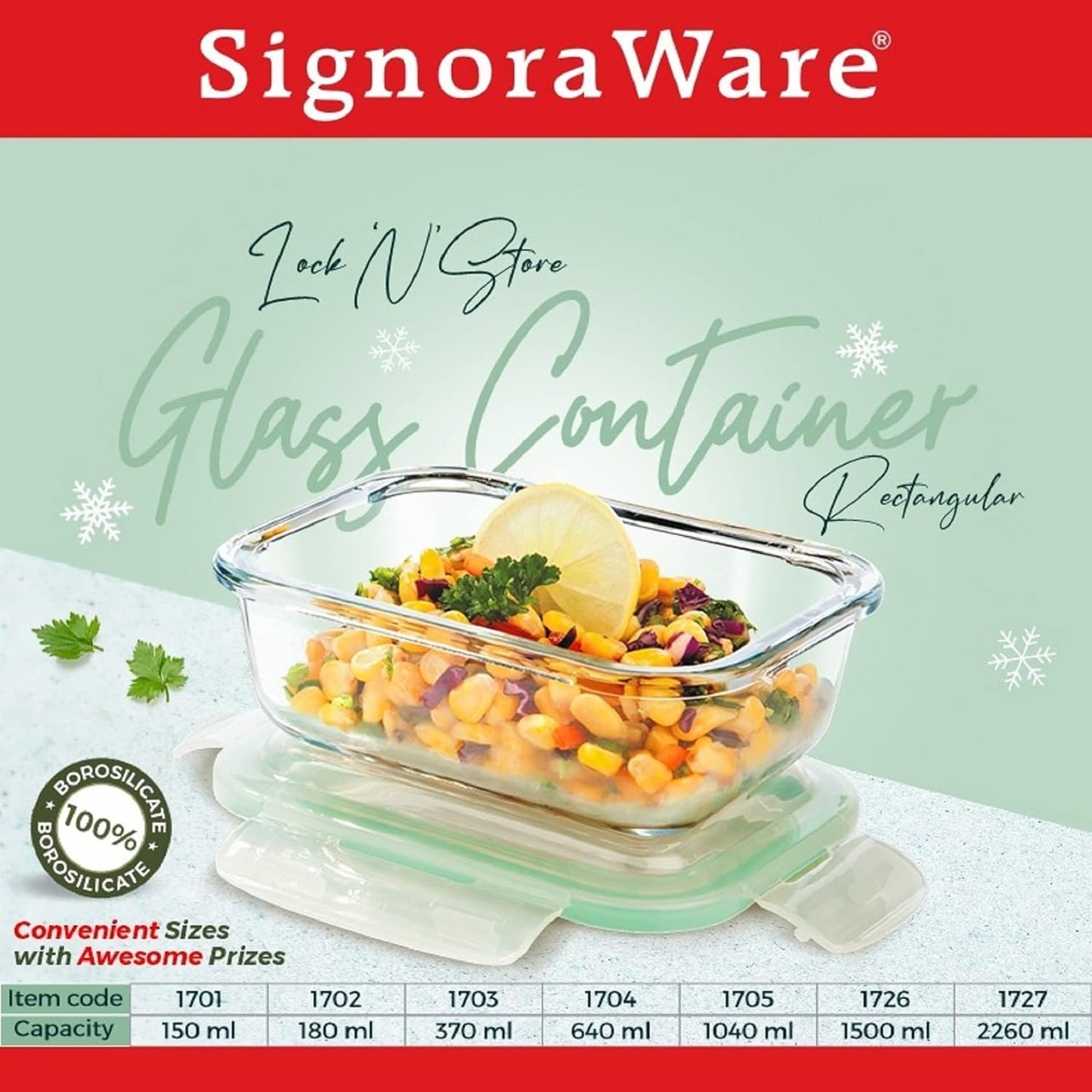 SignoraWare Lock 'N' Store Borosilicate Glass Rectangle Container | Microwave Safe | Convenient Storage | Elegant design | Air Tight Lid | Useful for Tiffin and lunch Box (1.4 Ltr | Clear)