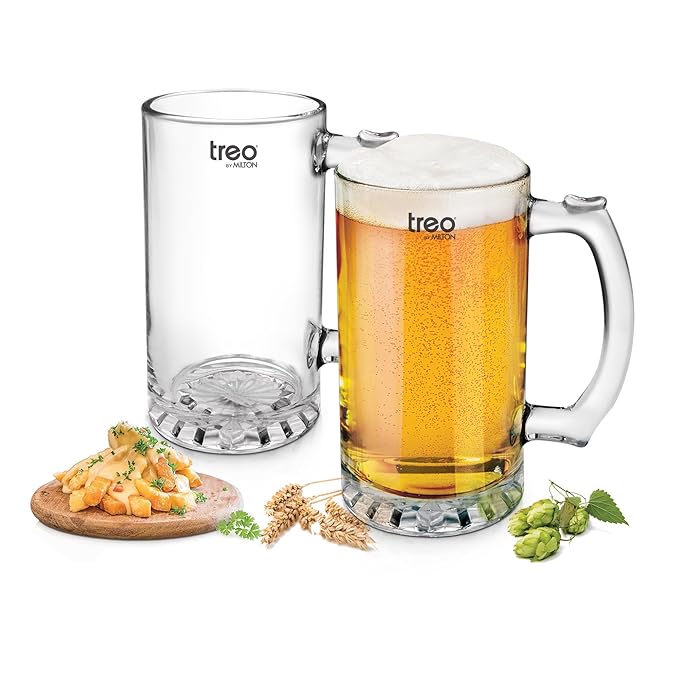 Treo by Milton Thunder Cool Glass Beer Mug, Set of 2, 447 ml Each, Transparent Glasses for Beer, Drinks, Cocktail