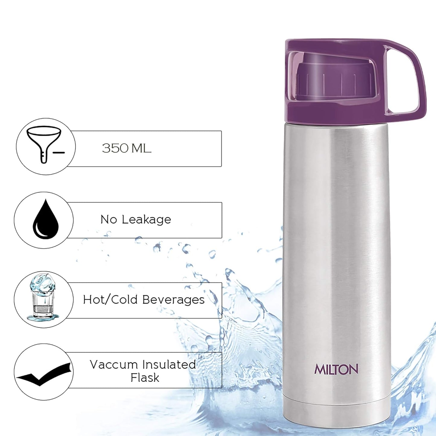 Milton Glassy 350 Thermosteel 24 Hours Hot and Cold Water Bottle with Drinking Cup Lid, 350 ml, Purple