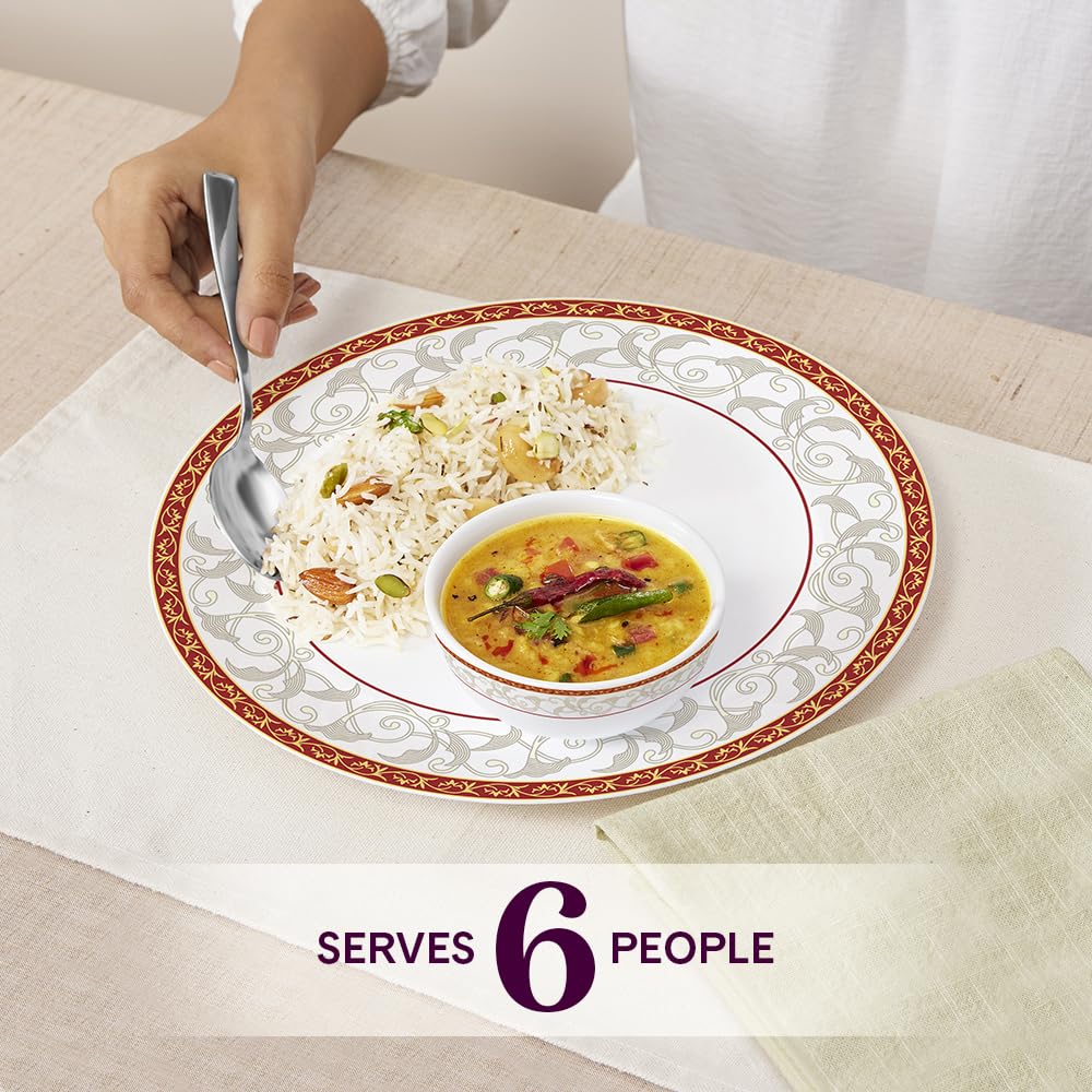 Larah by Borosil Ragina Kohinoor Series Opalware Dinner Set | 33 Pcs for Family of 6 | Microwave & Dishwasher Safe | Bone-Ash Free | Crockery Set for Dining & Gifting | Plates & Bowls | White