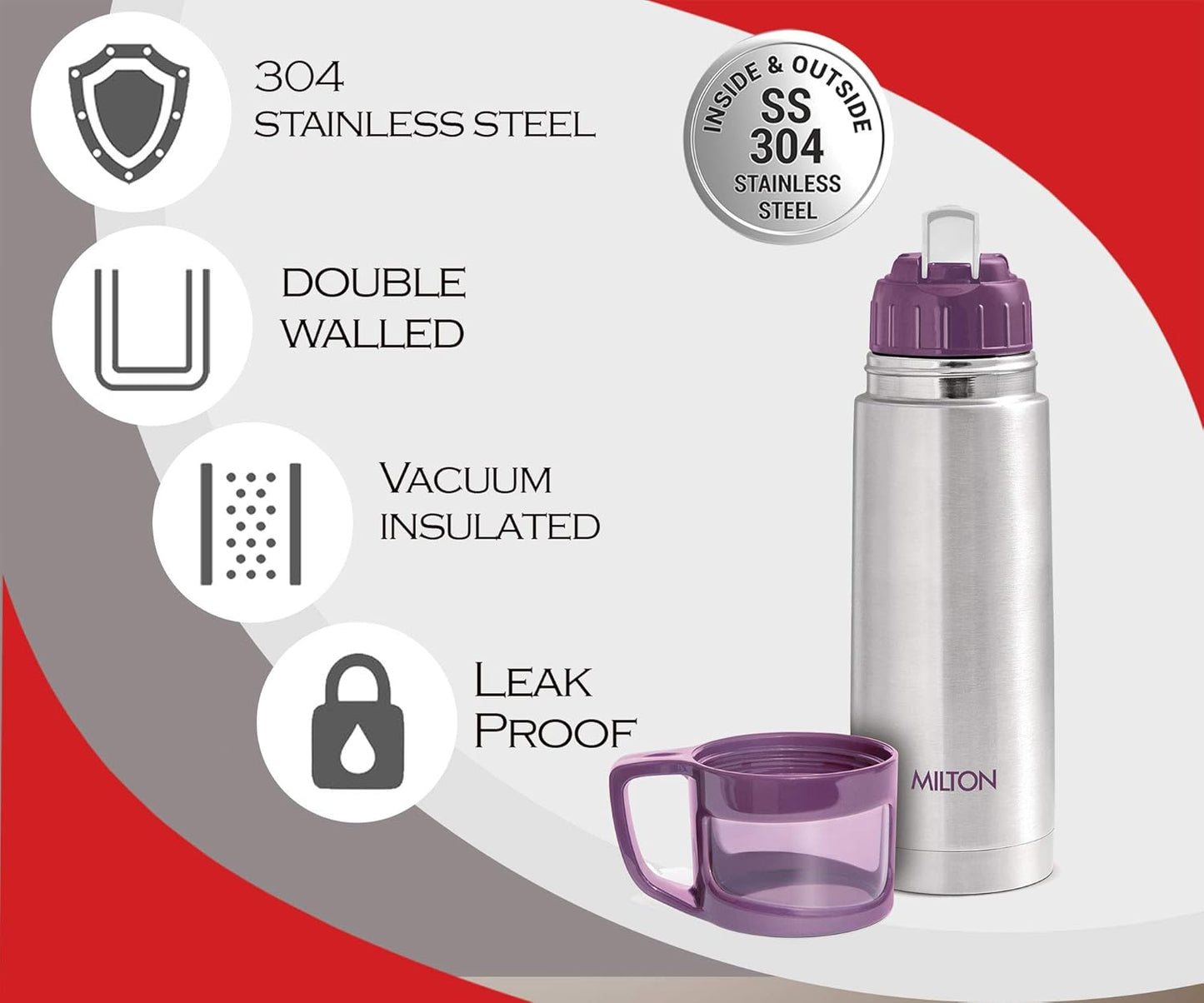 Milton Glassy 350 Thermosteel 24 Hours Hot and Cold Water Bottle with Drinking Cup Lid, 350 ml, Purple