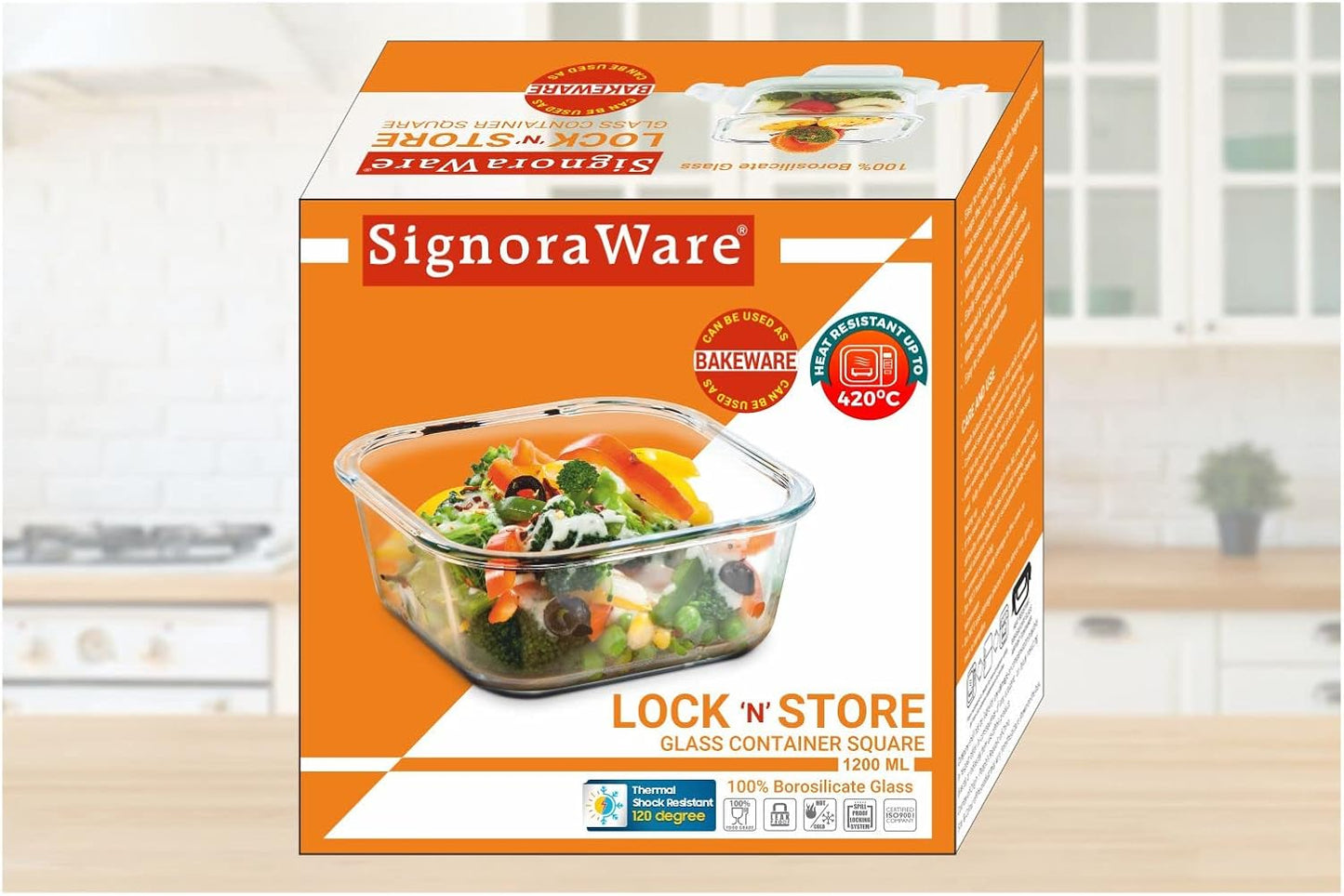 SignoraWare Lock N Store Borosilicate Glass Square Container | Trendy and stylish | Heat Resistant | Air Tight & Spill Proof | Microwave safe | Best for Storing Leftovers (1.1 Ltr | Clear)