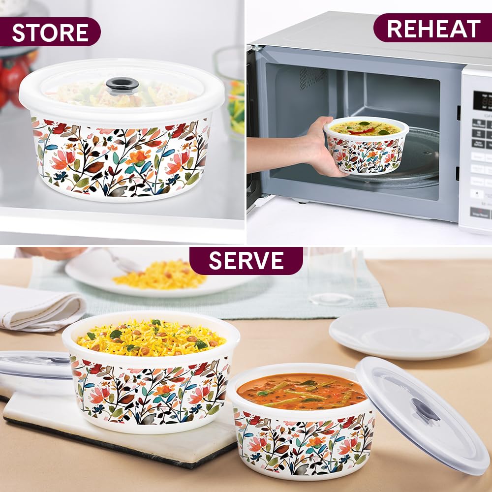 Larah by Borosil Lupin 2 pcs (800 ml) Storage Bowls with Lids, Opal Glass Containers with Lid, Airtight Container Set for Kitchen, Microwave Safe Containers, Dishwasher Safe Kitchen Containers