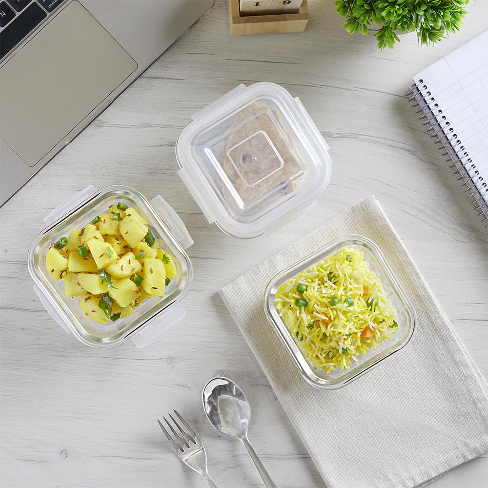 Borosil Klip n Store 320ml x 3 Square Container Lunchbox | Made in India Borosilicate Glass | Microwave & Dishwasher Safe | Tiffin for Office/School/College