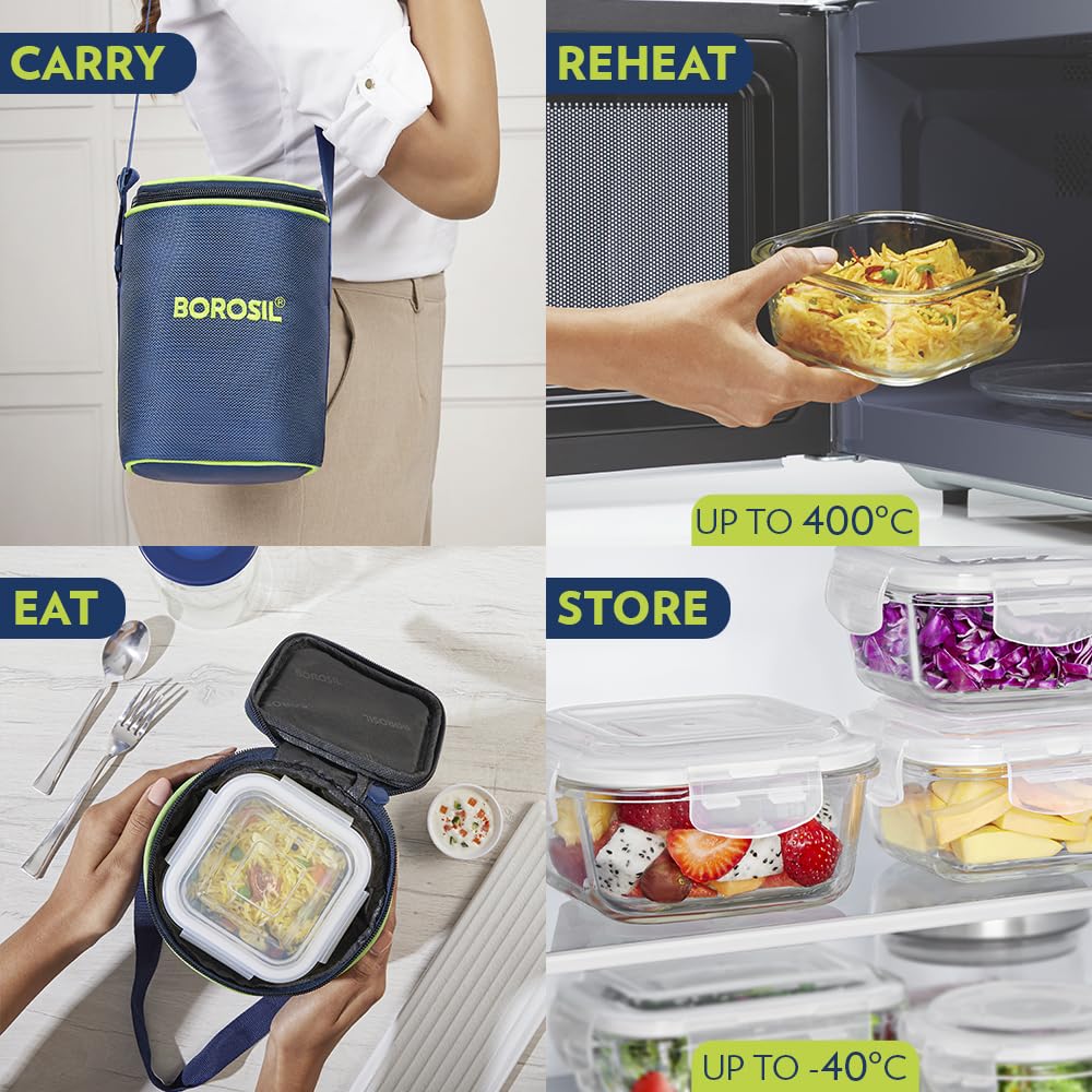 Borosil Klip n Store 320ml x 3 Square Container Lunchbox | Made in India Borosilicate Glass | Microwave & Dishwasher Safe | Tiffin for Office/School/College