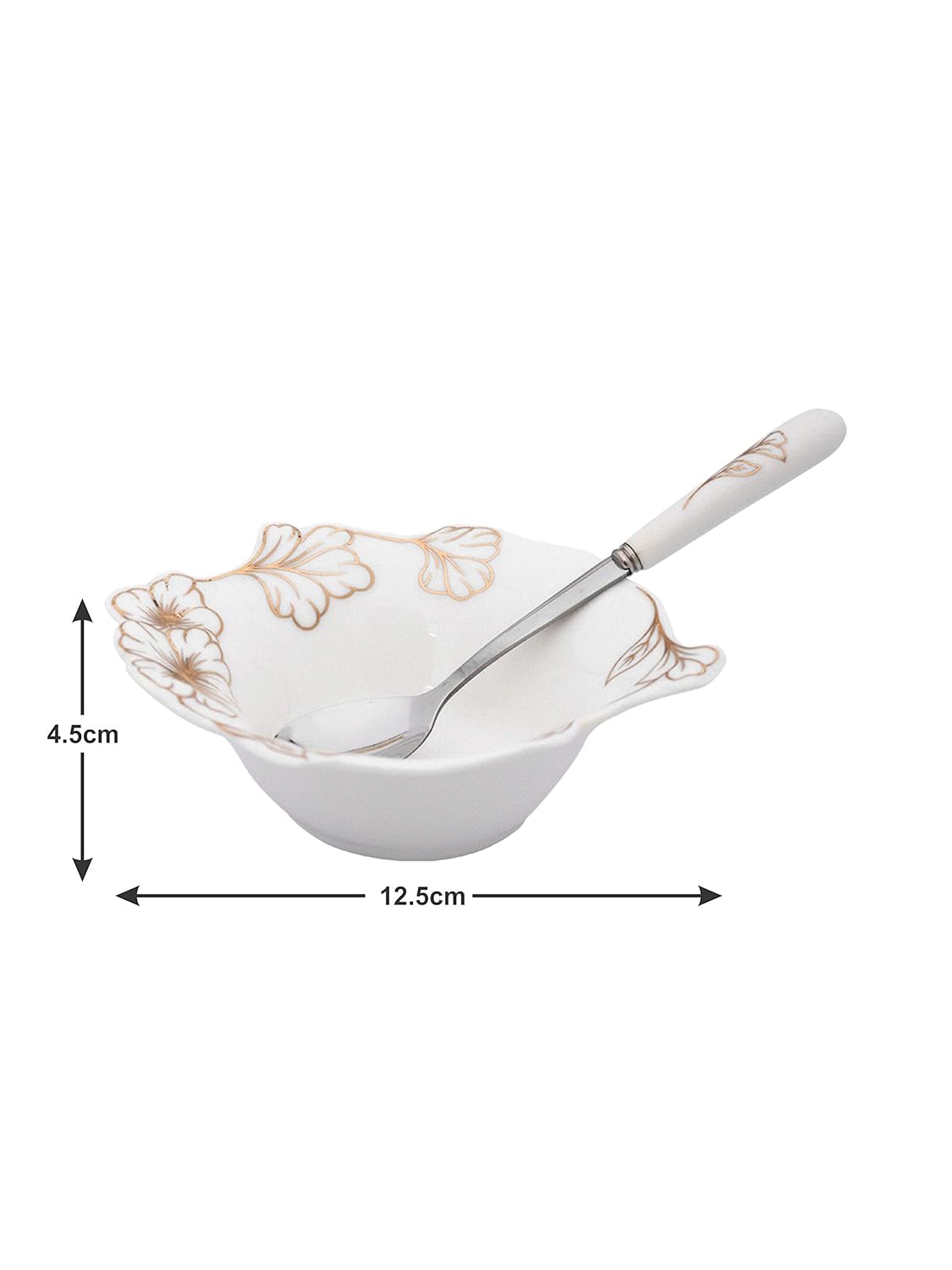 WHITE GOLD Porcelain Floral Dessert Bowls n Spoons with Real Gold Design (White) - Set of 12 Pieces