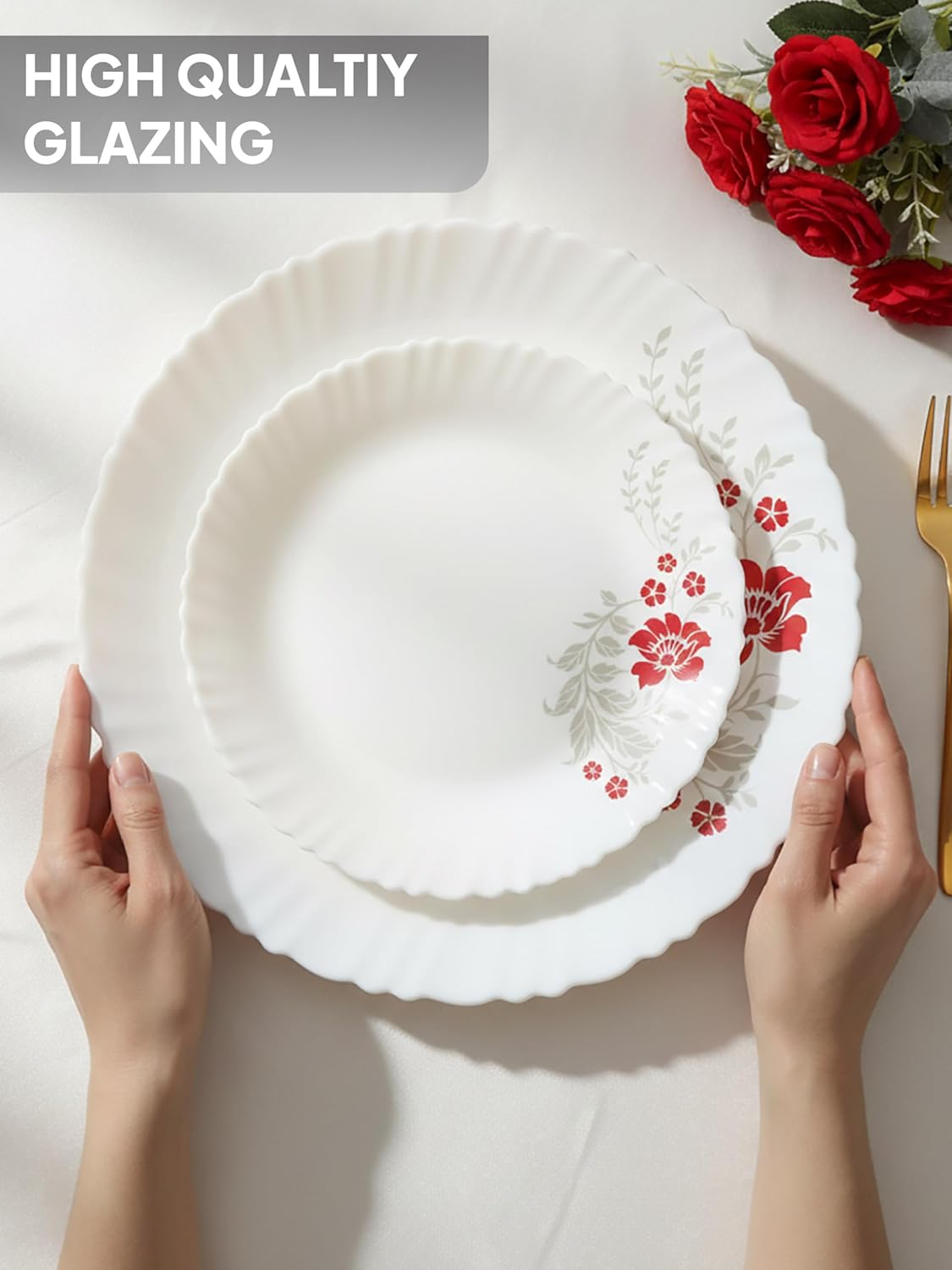 CELLO Scarlet Bliss Dazzle Series Opalware Dinner Set of 35 Pieces for Family of 6 | Bone-Ash Free & Leadfree Opal Glass, Microwave & Dishwasher Safe, Plates & Bowls Crockery Set for Dining & Gif