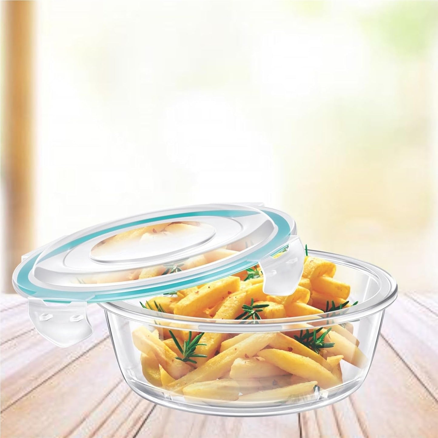 SignoraWare Lock N Store Borosilicate Glass Round Container | Microwave & Dishwasher Safe | Heat Resistant | Air tight & Spill Proof | Storing leftover | Best for Baking & Serving (620 ml | Clear)