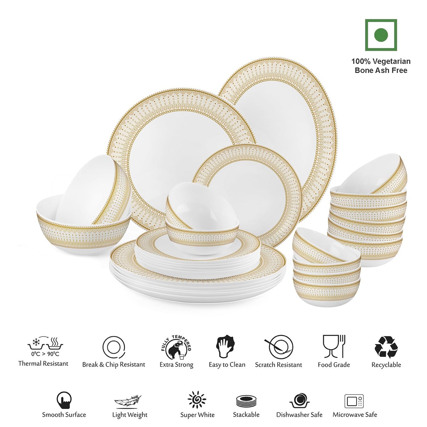 Cello Opalware Divine Series Emperor Dinner Set, 27 Units | Light-Weight, Daily Use Crockery Set for Dining | Microwave and Dishwasher Safe | White Plate and Bowl Set