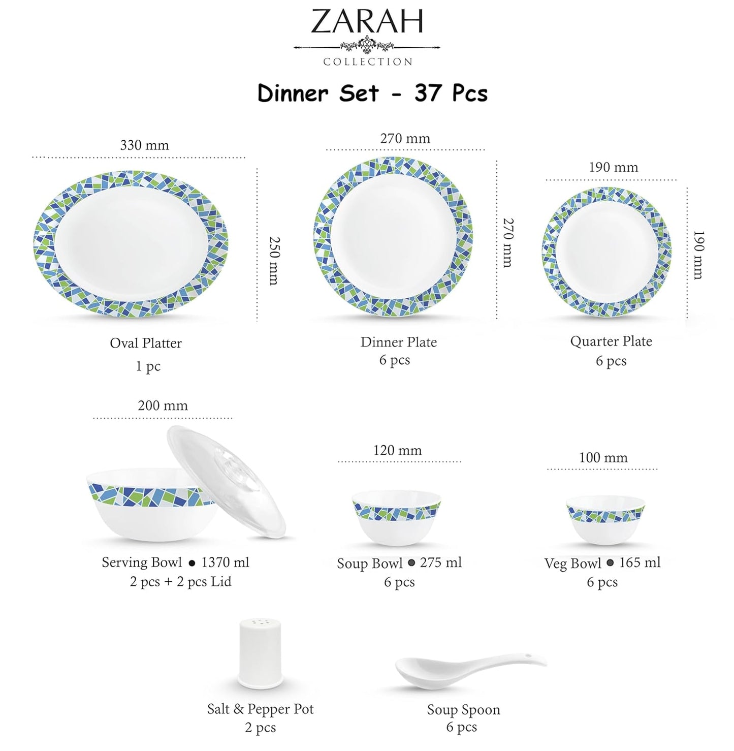 Cello Opalware Zarah Series Collage Dinner Set, 37 Units | Opal Glass Dinner Set for 6 | Crockery Set for Festive Ocassions | Light-Weight, Daily Use Crockery Set for Dining | White, Green, Blue