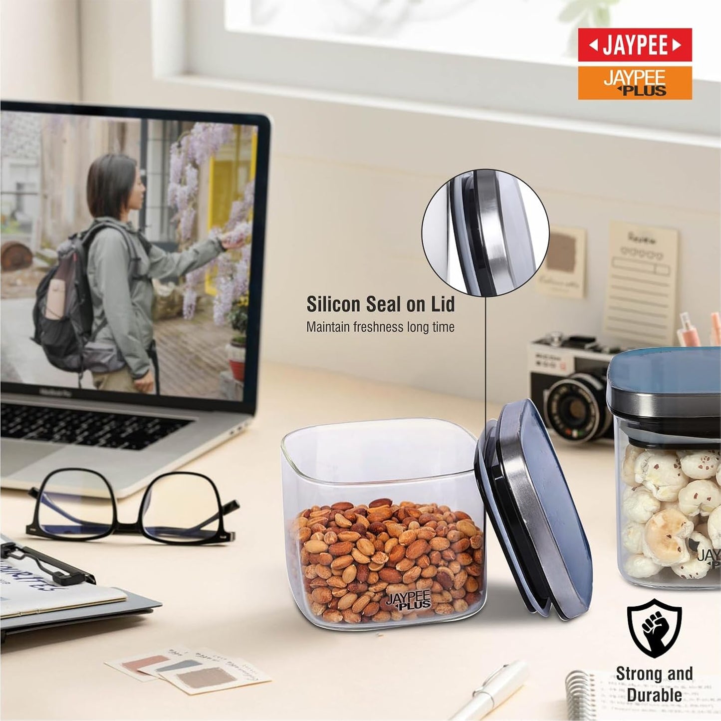Jaypee Plus Uniklass Klear Square Borosilicate Kitchen Storage Jar Container With Airtight Lid 500ml